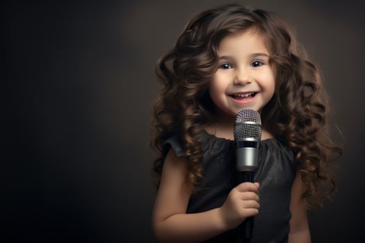 Artistic little girl with music microphone. Generate Ai photo