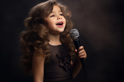 Artistic little girl with curly hairs sing in microphone. Generate Ai photo