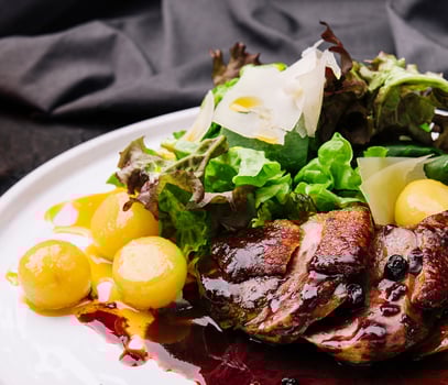 Modern style gourmet duck breast filet with salad and cranberry relish offered photo