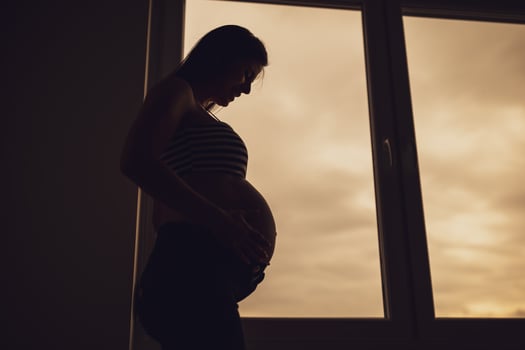 Pregnant woman standing beside window and holding her belly. Silhouette of pregnant woman. photo