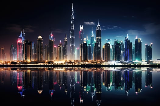 Dubai skyline at night with reflection in water, United Arab Emirates, Dubai city by night, AI Generated photo