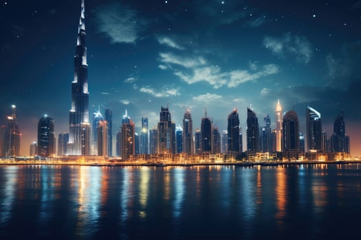 Dubai skyline at night, United Arab Emirates. Dubai is the fastest growing city in the world, Dubai city by night, AI Generated photo