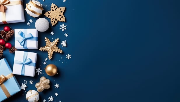 Christmas background with gift boxes and decorations on blue. Flat lay. Top view AI Generated photo