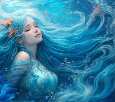 the blue aquarius mermaid in the deep ocean, incredibly beautiful, AI generated photo
