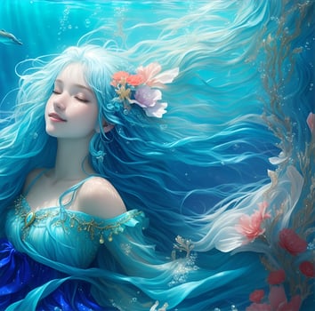 the blue aquarius mermaid in the deep ocean, incredibly beautiful, AI generated photo
