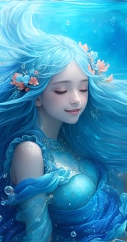 the blue aquarius mermaid in the deep ocean, incredibly beautiful, AI generated photo