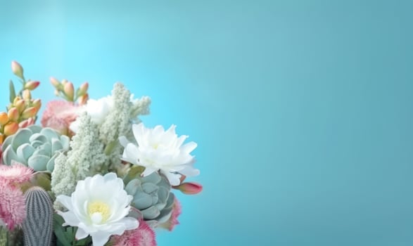 Vibrant bouquet of various flowers and succulents against a serene blue backdrop. AI Generative photo