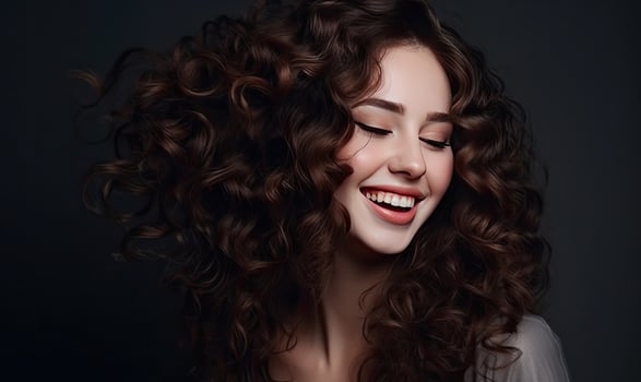 Laughing brunette beauty with hair that flows like a river. Creating using generative AI tools photo