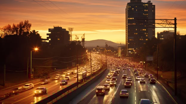A Vivid Portrayal of City Life During the Hectic Moments of Sunset Traffic. Generative AI photo