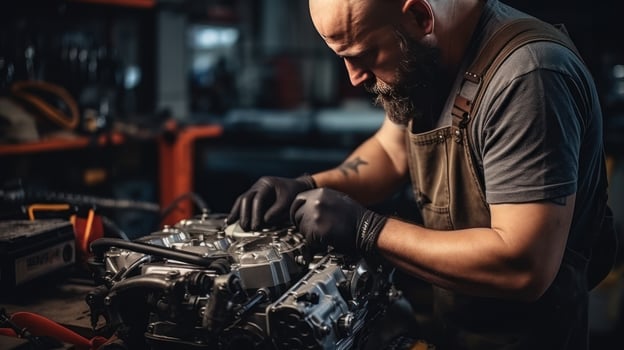Mechanic repairing a car engine in a garage photo