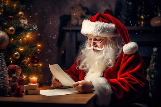 european Santa Clause read letter from child, wish list of presents for Christmas in decorated room, ai generated photo