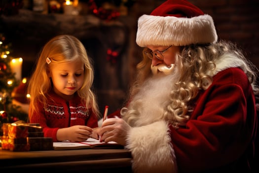european Santa Clause read letter from child, wish list of presents for Christmas in decorated room, AI Generated photo