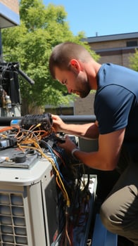 HVAC technician servicing an air conditioning unit photo