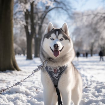 A regal Husky standing in a snow-covered park with a white leash photo