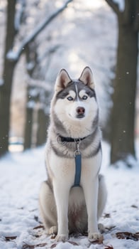 A regal Husky standing in a snow-covered park with a white leash photo