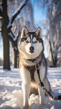 A regal Husky standing in a snow-covered park with a white leash photo