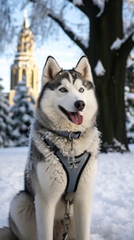 A regal Husky standing in a snow-covered park with a white leash photo