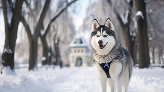 A regal Husky standing in a snow-covered park with a white leash photo