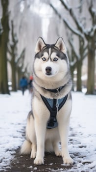 A regal Husky standing in a snow-covered park with a white leash photo