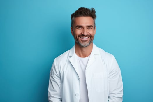 A joyful man stands with his hands in his pockets, wearing a white mock up t shirt. photo