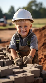 Mason laying bricks to build a wall photo