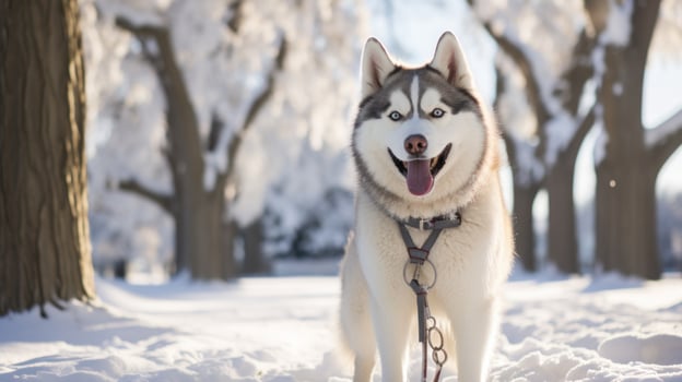 A regal Husky standing in a snow-covered park with a white leash photo