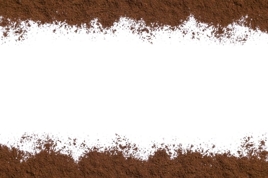 White background with ground coffee on below and above photo