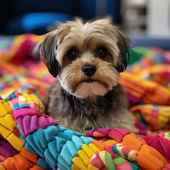 Shih Tzu with a playful topknot, sitting on a colorful blanket photo