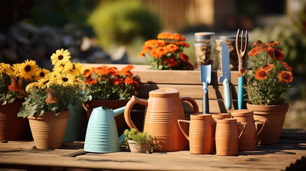 Gardening - Set Of Tools For Gardener And Flowerpots close-up photo