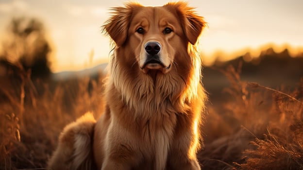 Golden retriever with a trendy lions mane cut, posing in a field photo