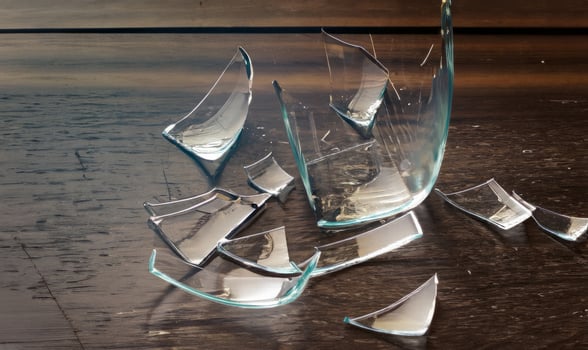 broken glass glasses mirror on wooden floor , generated by AI photo