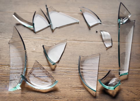 broken glass glasses mirror on wooden floor , generated by AI photo