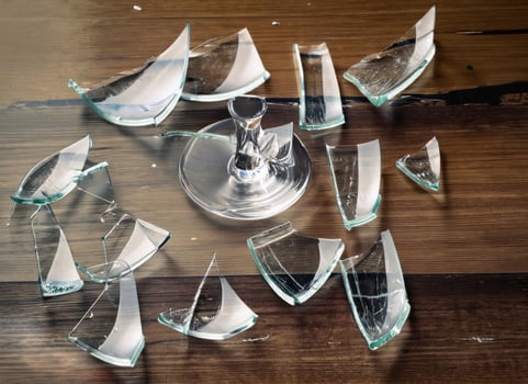 broken glass glasses mirror on wooden floor , generated by AI photo
