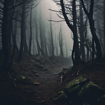 haunting landscape shot of many tree trunks forest spooky haunting creepy mist , generated by AI photo