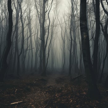 haunting landscape shot of many tree trunks forest spooky haunting creepy mist , generated by AI photo