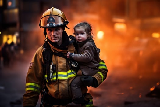 A female firefighter carrying a child to safety during a rescue mission. Generative AI photo