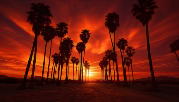 dramatic palm tree silhouette of desert sunset Generative AI photo
