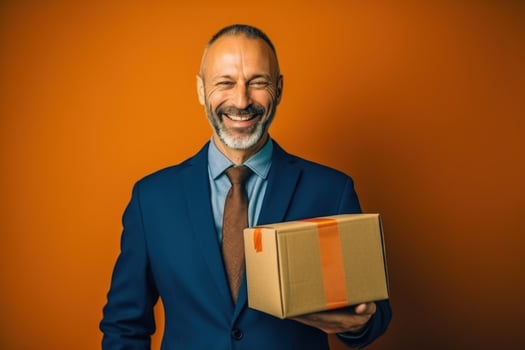 Smiling business man with box in warehouse. Generative IA photo