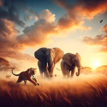Majestic Symphony, Elephants and Tiger Embark on a Synchronized Run Across the Wilderness. AI Generated photo