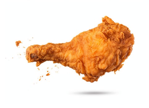 Fried chicken leg falling in the air isolated on a white background. AI Generated. photo