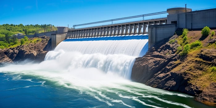 Hydroelectric dam generating green energy from flowing water.   AI Generated. photo
