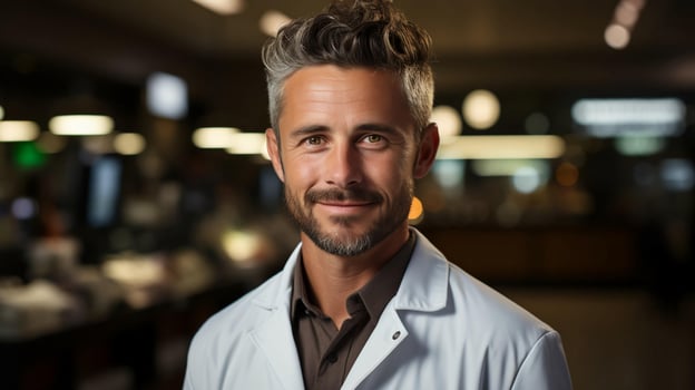 Male doctor pharmacist in a white coat health worker in a pharmacy sells medicine photo