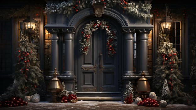 Christmas New Year holiday beautiful winter decorations of the entrance doors to the house, background photo