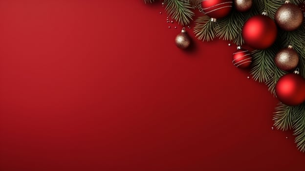 Red background,decorated with christmas ball, copy space top view, luxurious decoration background AI Generated photo
