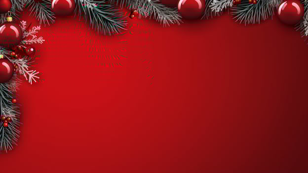 Red background,decorated with christmas ball, copy space top view, luxurious decoration background AI Generated photo