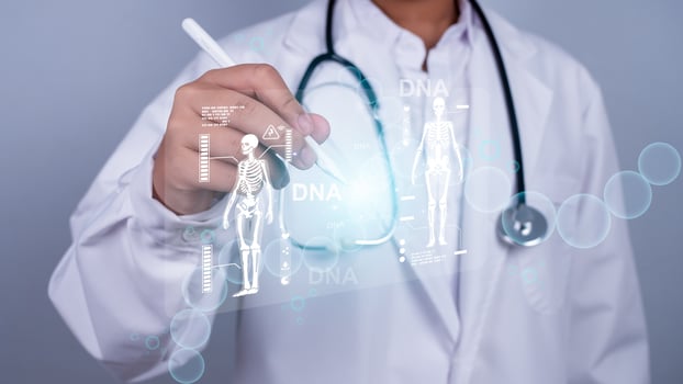 Doctor is using stylus pen touching screen for medical diagnostic analysis on modern virtual screen network connection. Medical technology concept. photo