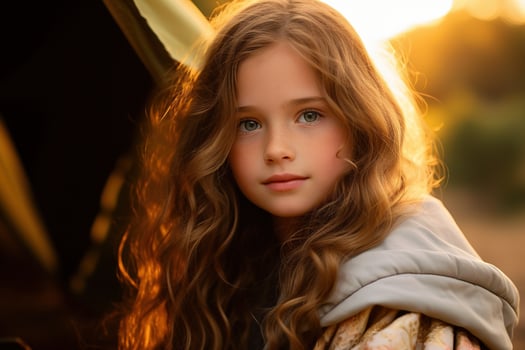 Portrait of cute little girl at camera while standing near camping tent at sunset AI generated photo