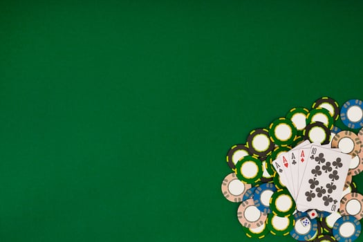 Poker. Banner template layout mockup for online casino. Green table, top view on workplace. photo