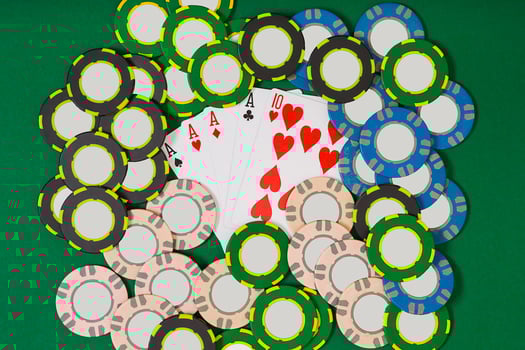 Poker. Banner template layout mockup for online casino. Green table, top view on workplace. photo