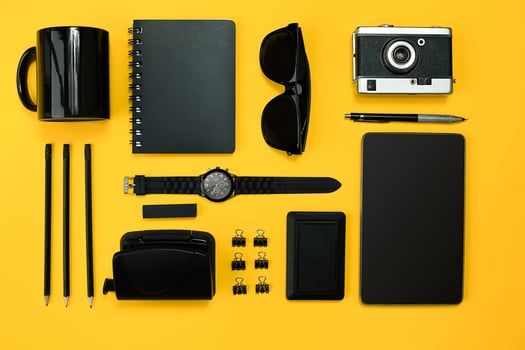 Workplace with office items and business elements on a desk. Con photo